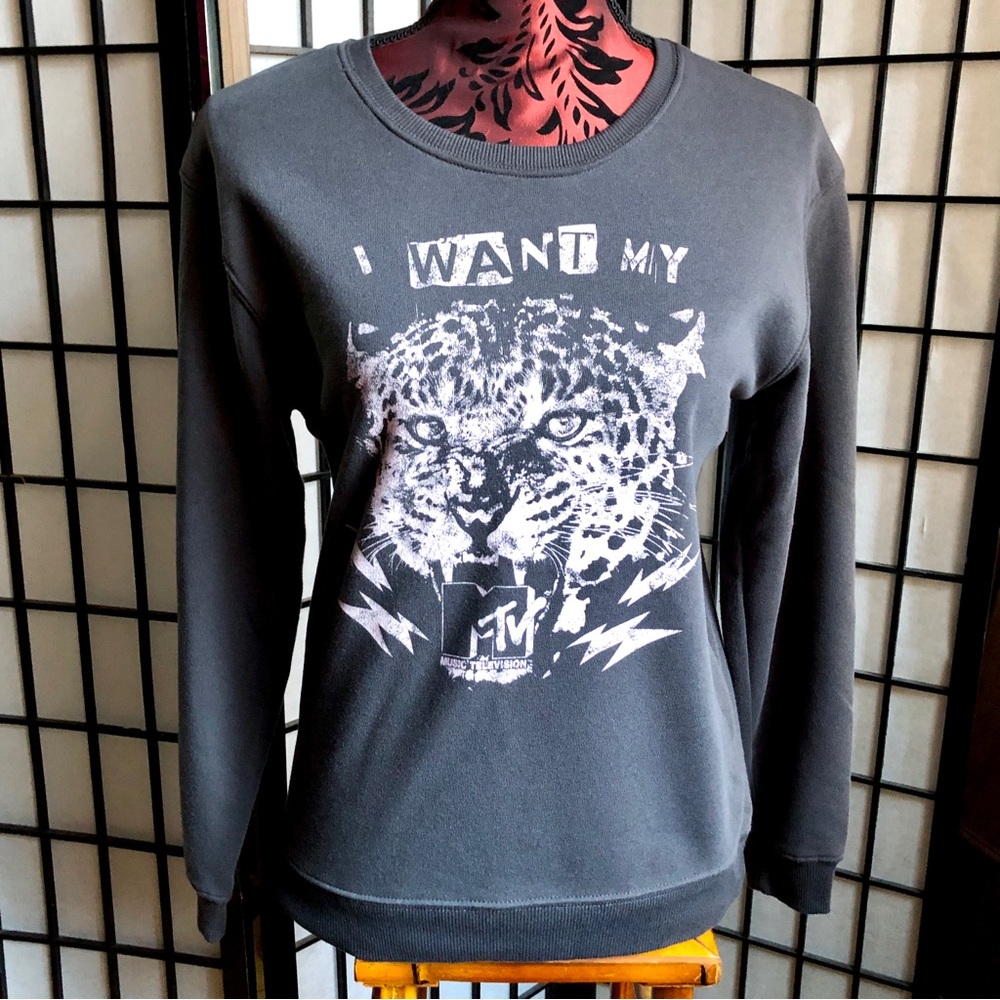 ‼️GOING‼️ MTV ‘I want My MTV’ Crewneck Sweatshirt Long Sleeve Gray Pink Tiger XS
